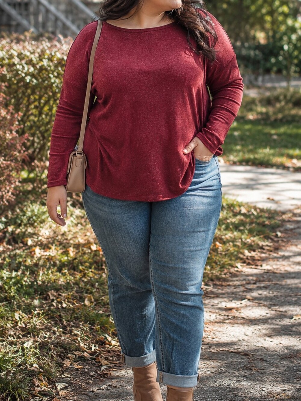Pure Essence Berry Boatneck Long Sleeve Top Plus Size Soft Stretch Casual Chic